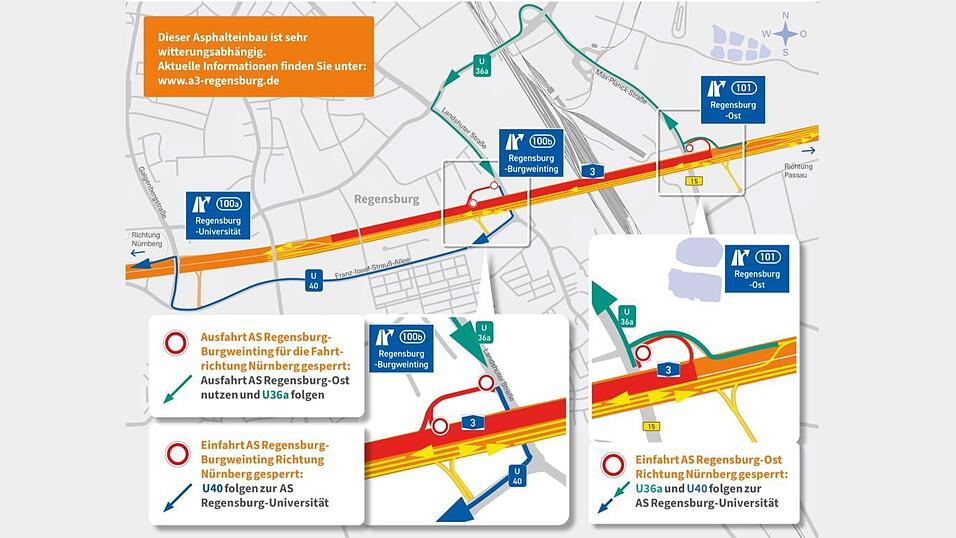 Die Verkehrsführung auf der A3 während der Bauarbeiten vom 27. bis 30. September. Die Verkehrsführung auf der A3 während der Bauarbeiten vom 27. bis 30. September.