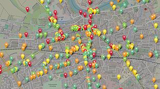 525 Eintr&auml;ge gibt es derzeit im M&auml;ngelmelder der Stadt. Die gelben Punkte befinden sich aktuell in Pr&uuml;fung, die gr&uuml;nen wurden an die zust&auml;ndige Stelle weitergegeben oder bereits umgesetzt, die orangen werden bei k&uuml;nftigen Planungen ber&uuml;cksichtigt, und die roten sind in der gew&uuml;nschten Form nicht umsetzbar.