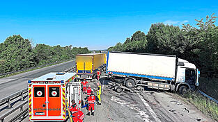 Der weiße Sicherungslastwagen stand auf dem Seitenstreifen. Durch den Aufprall wurde er gedreht, der andere Lastwagen stark beschädigt. Der weiße Sicherungslastwagen stand auf dem Seitenstreifen. Durch den Aufprall wurde er gedreht, der andere Lastwagen stark beschädigt.
