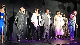 Auch zwei Songs aus „Mamma Mia“ sind in der Musicalgala des Theaterbrettls zu hören (von links): Veronika Gröschl, Judith Täubert, Heidi Braun, Timm Mannott, Jennifer Hild, Julia Püschel und Anna Gröschl.