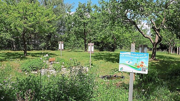 &bdquo;Hier bl&uuml;ht es f&uuml;r Mensch und Natur&ldquo;, so das Hinweisschild im Kreisobstlehrgarten in Ebrantshausen.