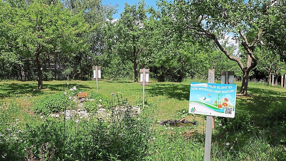 &bdquo;Hier bl&uuml;ht es f&uuml;r Mensch und Natur&ldquo;, so das Hinweisschild im Kreisobstlehrgarten in Ebrantshausen.