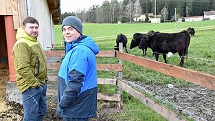 Metzgermeister Josef Landstorfer (l.) und Landwirt Franz Höpfl freuen sich an der Weide in Riedhof bei Zandt über die sichtlich zufriedenen Wagyu-Rinder, die in einigen Jahren erstklassiges Fleisch liefern sollen. Metzgermeister Josef Landstorfer (l.) und Landwirt Franz Höpfl freuen sich an der Weide in Riedhof bei Zandt über die sichtlich zufriedenen Wagyu-Rinder, die in einigen Jahren erstklassiges Fleisch liefern sollen.
