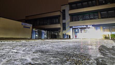 Spiegelglattes Eis vor dem Eingang dieser Schule irgendwo in Deutschland. Doch blieb dies in so einem Ausma&szlig; in Deggendorf und Umgebung gl&uuml;cklicherweise aus.