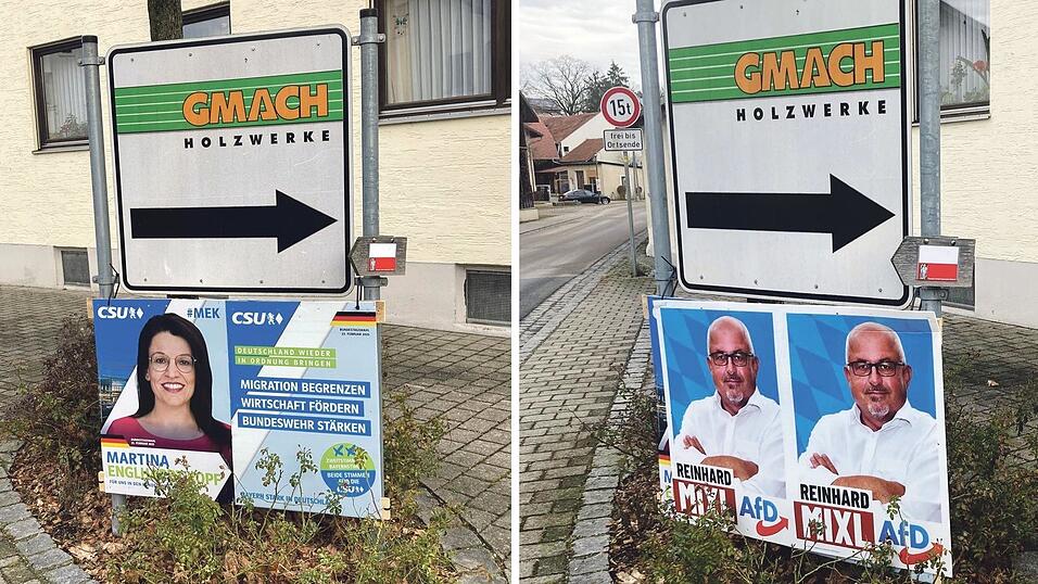 Erst sind in P&ouml;sing die Wahlplakate von CSU-Bewerberin Martina Englhardt-Kopf zu sehen. Kurzzeitig sind dann am Sonntagnachmittag die Mixl-Konterfeis dar&uuml;ber getackert.
