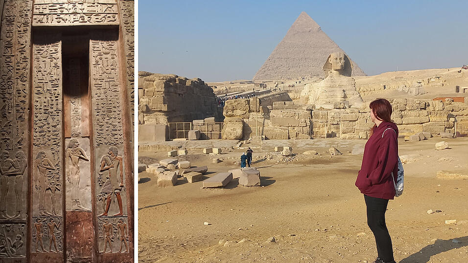 Kati vor der berühmten Sphinx mit einer der Pyramiden von Gizeh im Hintergrund. Links: Erinnerungen an das Alte Ägypten.