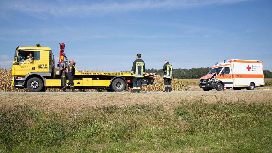 Ein Sanka fuhr am Samstag auf einen Notarztwagen auf, nachdem dieser stark bremste. Vier Rettungskräfte wurden leicht verletzt. Ein Sanka fuhr am Samstag auf einen Notarztwagen auf, nachdem dieser stark bremste. Vier Rettungskräfte wurden leicht verletzt.
