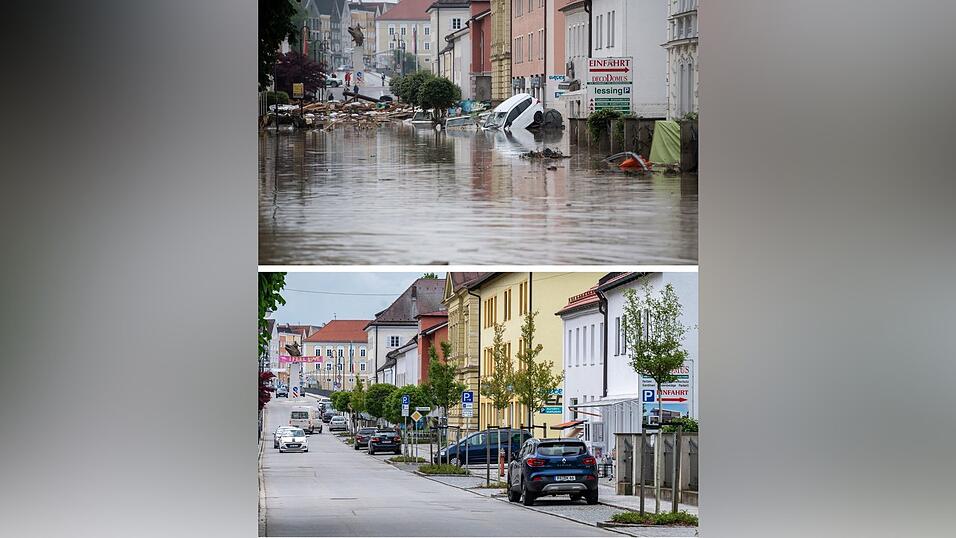 Die Bildkombo zeigt einen von der Flut betroffenen Ortsteil (oben Archivaufnahme vom 2.Juni 2016, unten Aufnahme vom 21. Mai 2021). F&uuml;nf Jahre sp&auml;ter sind die kaputten H&auml;user wiederaufgebaut oder weggerissen, Kanalisation und Stra&szlig;en saniert.