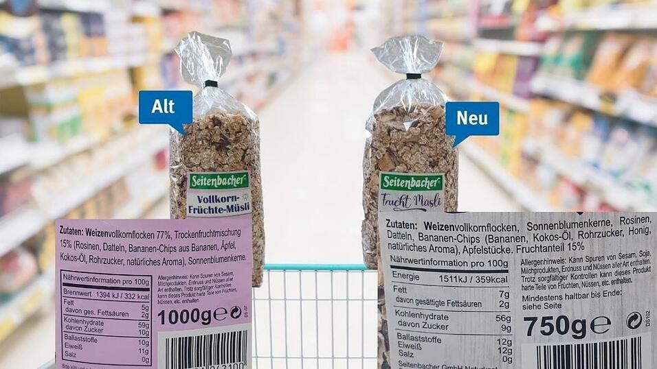 Preis und Füllmenge des alten und neuen Seitenbacher-Müslis unterscheiden sich deutlich - die Zutatenliste dagegen weniger. Preis und Füllmenge des alten und neuen Seitenbacher-Müslis unterscheiden sich deutlich - die Zutatenliste dagegen weniger.