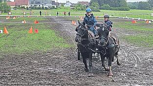 Larissa und ihre Beifahrerin beim Jugendturnier in Rörach. Trotz des widrigen Wetters wurde sie Dritte beim 'Kegeln' und erste in der Dressur. Larissa und ihre Beifahrerin beim Jugendturnier in Rörach. Trotz des widrigen Wetters wurde sie Dritte beim 'Kegeln' und erste in der Dressur.