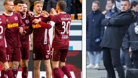 Die Oberpfälzer bejubeln das Tor zum 2:0 durch Eric Hottmann (l.), der schon den Führungstreffer vorbereitet hatte - und versetzen Aachen-Coach Mersad Selimbegovic (r.), der 17 Jahre lang in Regensburg beheimatet war, in Schieflage.