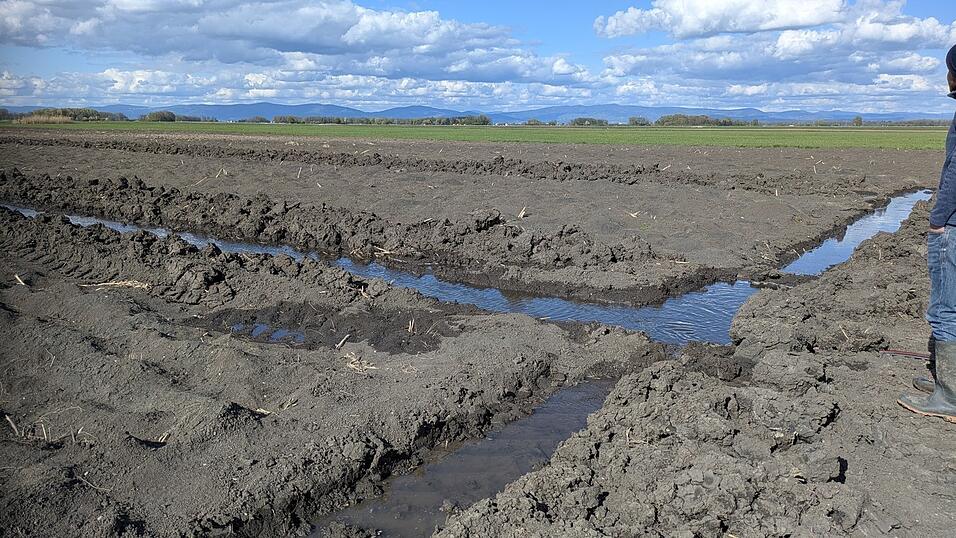 Bereits nach kurzer Zeit sind die ersten Ackerfurchen mit Wasser gef&uuml;llt.