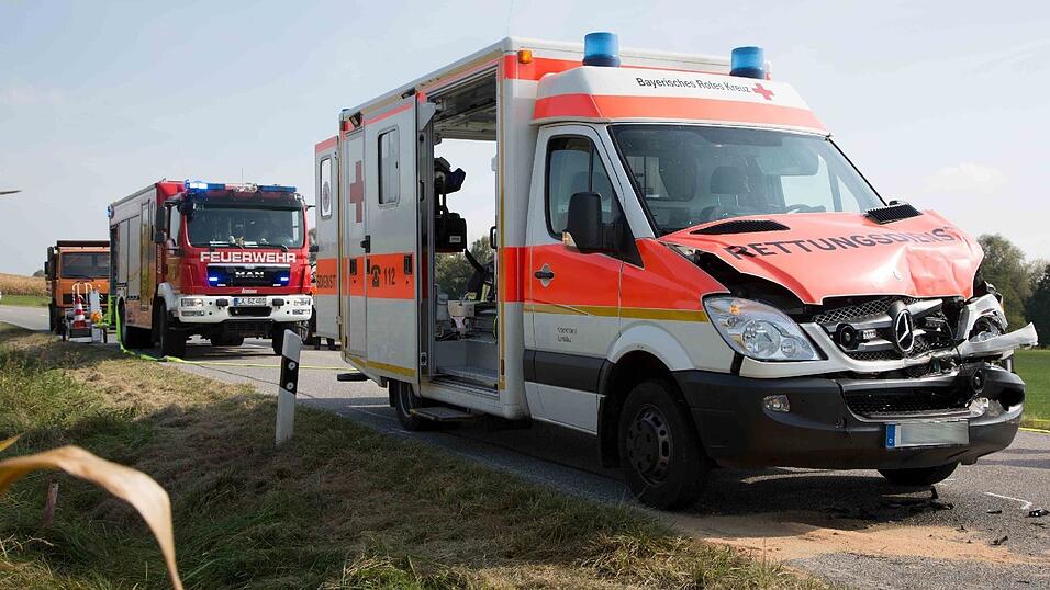 Ein Sanka fuhr am Samstag auf einen Notarztwagen auf, nachdem dieser stark bremste. Vier Rettungskräfte wurden leicht verletzt. Ein Sanka fuhr am Samstag auf einen Notarztwagen auf, nachdem dieser stark bremste. Vier Rettungskräfte wurden leicht verletzt.