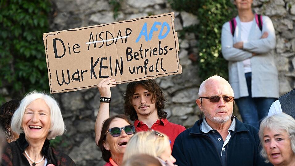 Gegner der AfD protestierten vor Beginn des Frühschoppens mit Plakaten gegen die Partei. Gegner der AfD protestierten vor Beginn des Frühschoppens mit Plakaten gegen die Partei.