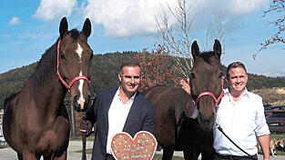 Stiftungsvorstand Dieter Ehrengruber und Gutsleiter Benedikt Gruber (r.) mit den beiden ehemaligen Polizeipferden Platon und Pegasus. Stiftungsvorstand Dieter Ehrengruber und Gutsleiter Benedikt Gruber (r.) mit den beiden ehemaligen Polizeipferden Platon und Pegasus.