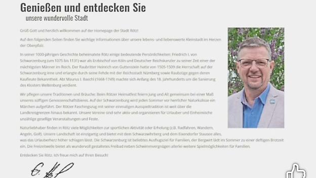 Stein des Ansto&szlig;es: das Gru&szlig;wort des B&uuml;rgermeisters auf der Homepage der Stadt R&ouml;tz. Seit Dienstagfr&uuml;h ist das Alte gel&ouml;scht. Ein Neues wird ab Mittwoch online sein, verspricht B&uuml;rgermeister Gerhard Hofmann.