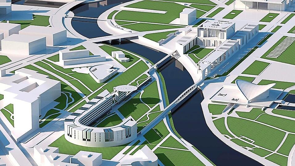Ein bogenförmiger Erweiterungsbau am Rand des Kanzlerparks wird das sogenannte Band des Bundes nach Westen hin städtebaulich abschließen. Ein bogenförmiger Erweiterungsbau am Rand des Kanzlerparks wird das sogenannte Band des Bundes nach Westen hin städtebaulich abschließen.