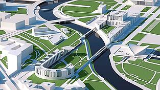 Ein bogenförmiger Erweiterungsbau am Rand des Kanzlerparks wird das sogenannte Band des Bundes nach Westen hin städtebaulich abschließen.