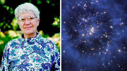 Rechts: Ein Ring Dunkler Materie in einem fünf Milliarden Lichtjahre entfernten Galaxienhaufen. Die Verteilung ist leuchtend blau dargestellt, da die rätselhafte Substanz unsichtbar ist. Ihre Verteilung wurde am Computer errechnet und dann über das Foto des Hubble-Weltraumteleskops gelegt. Links: Vera Rubin im Jahr 2013.