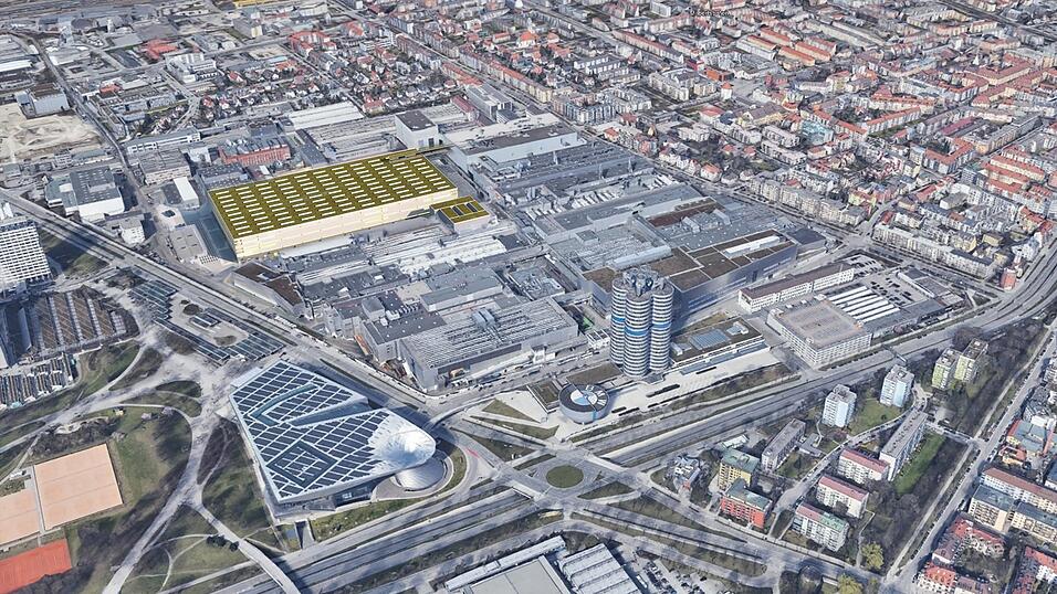 Auf der Fl&auml;che des M&uuml;nchner Motorenwerks baut BMW ein neues, auf Elektrofahrzeuge ausgerichtetes Montagewerk (gelb eingef&auml;rbt). Es soll 2026 in Betrieb gehen und 400 Millionen Euro kosten.