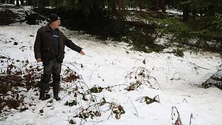 Josef Eidenschink deutet auf die Stelle, an der die unterirdische Quelle f&uuml;r die Trinkwasserversorgung seines Anwesens in Meinstorf liegt. Sie ist von Wald umgeben, muss aber nach neuestem Recht regelm&auml;&szlig;ig auf Pflanzenschutzmittel untersucht werden.