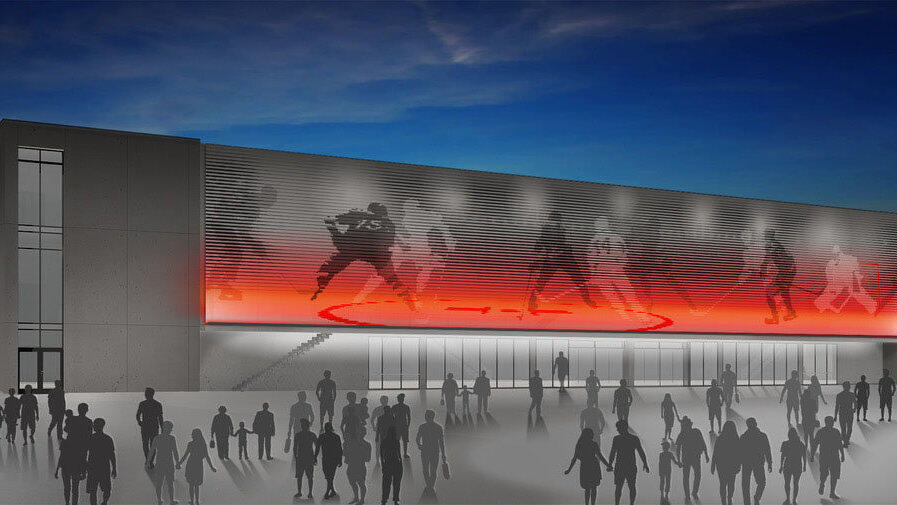 Abstrakt und zeitlos wirkt der Entwurf der M&uuml;nchner Agentur 'dietrabanten' f&uuml;r die Eisstadion-Fassade - und stie&szlig; bei Verwaltung, Architekten und Stadtr&auml;ten auf allgemeine Zustimmung.