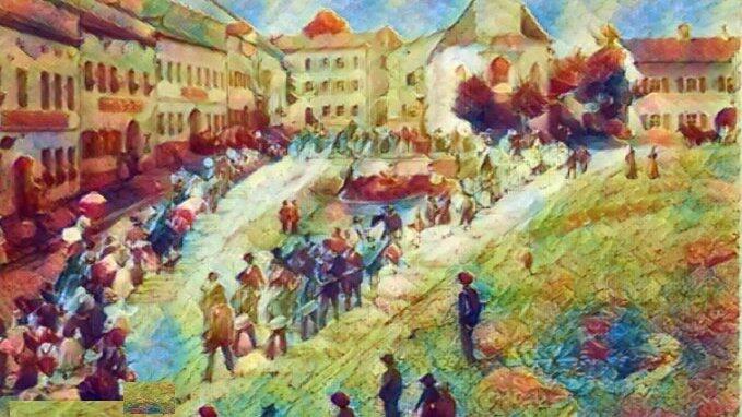 Aus einem historischen Bild von K&ouml;tzting hat die K&uuml;nstliche Intelligenz ein Aquarellbild kreiert.