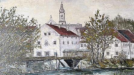 Das 1950 neu erbaute Neumühlen-Gebäude mit Holzstegen im Vordergrund ist auf diesem Ölgemälde dargestellt. Das 1950 neu erbaute Neumühlen-Gebäude mit Holzstegen im Vordergrund ist auf diesem Ölgemälde dargestellt.