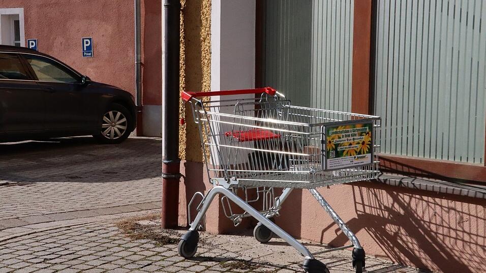 Seit guten drei Wochen steht der silbergl&auml;nzende Einkaufswagen auf der R&uuml;ckseite des ehemaligen Volksbank-Geb&auml;udes.