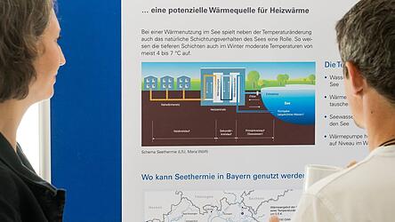 Besucher der Abschlussveranstaltung betrachten das Schema einer Seethermie-Anlage.
