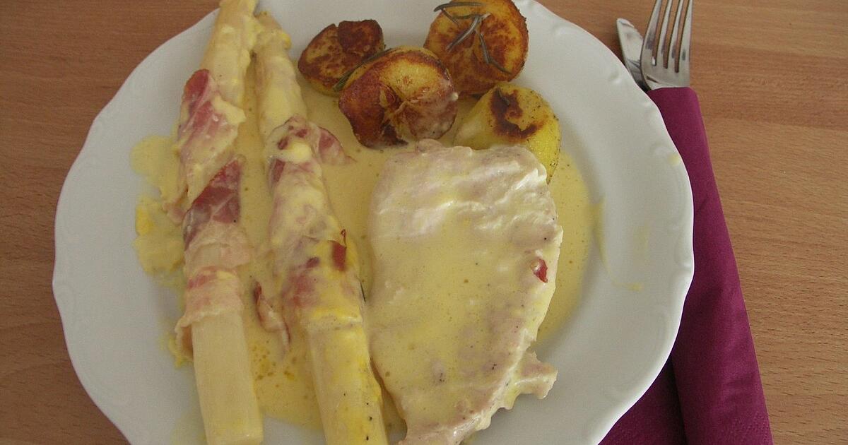 Spargelschnitzel mit Hollandaise überbacken