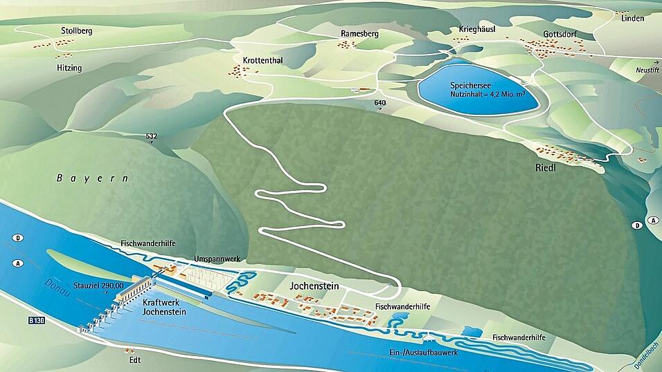 Über ein mögliches Pumpspeicherkraftwerk über der Donau wird bereits seit Jahrzehnten beraten und gestritten. Über ein mögliches Pumpspeicherkraftwerk über der Donau wird bereits seit Jahrzehnten beraten und gestritten.