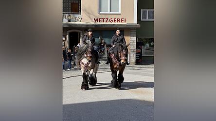 Majest&auml;tisch bewegen sich die Pferde mit ihren Reitern durch die Innenstadt.