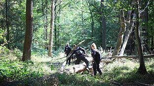 Die Polizei sucht mitten im Wald nach dem Verdächtigen. Die Polizei sucht mitten im Wald nach dem Verdächtigen.
