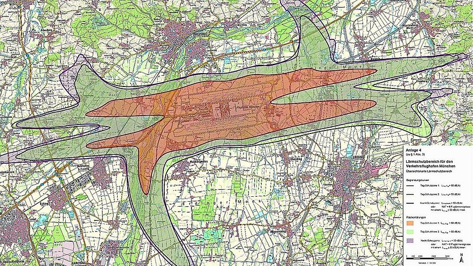 Der geplante Lärmschutzbereich untergliedert sich in Tagschutzzone 1 (rotbraun), Tagschutzzone 2 (grün) und Nachtschutzzone (violett). Der geplante Lärmschutzbereich untergliedert sich in Tagschutzzone 1 (rotbraun), Tagschutzzone 2 (grün) und Nachtschutzzone (violett).