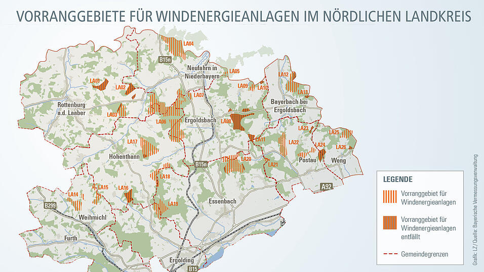 Die Karte zeigt die Windvorranggebiete im nördlichen Landkreis. Dunkler eingefärbt sind Gebiete, die im Vergleich zum 1. Entwurf weggefallen sind. Aktuell läuft nun die zweite Auslegung. Im Gebiet LA 06 und LA17 arbeiten die Gemeinden an Lösungen mit Pooling-Verträgen, um so selbst Mitspracherecht zu haben. Die Karte zeigt die Windvorranggebiete im nördlichen Landkreis. Dunkler eingefärbt sind Gebiete, die im Vergleich zum 1. Entwurf weggefallen sind. Aktuell läuft nun die zweite Auslegung. Im Gebiet LA 06 und LA17 arbeiten die Gemeinden an Lösungen mit Pooling-Verträgen, um so selbst Mitspracherecht zu haben.